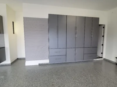 grey garage cabinets epoxy flooring in Fairvew TX garage project