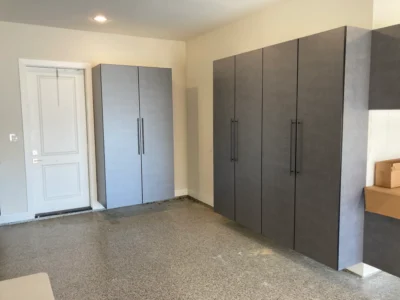 Signature Series pewter garage cabinets with black bar handles