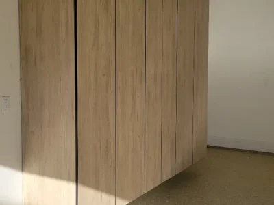 Modern driftwood garage cabinets Westlake garage transformation project